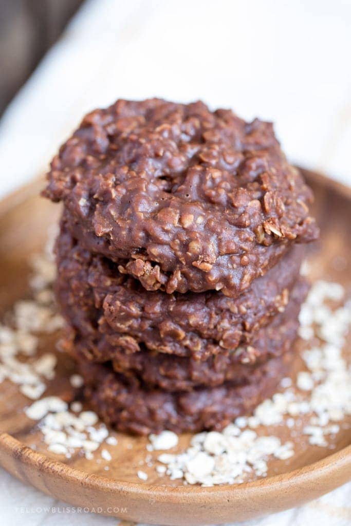 Chocolate No Bake Cookies, stacked on a plate
