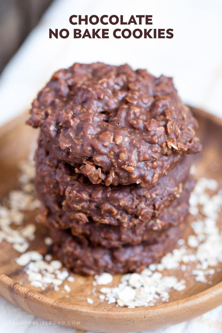 Chocolate No Bake Cookies stacked on a plate (title image)