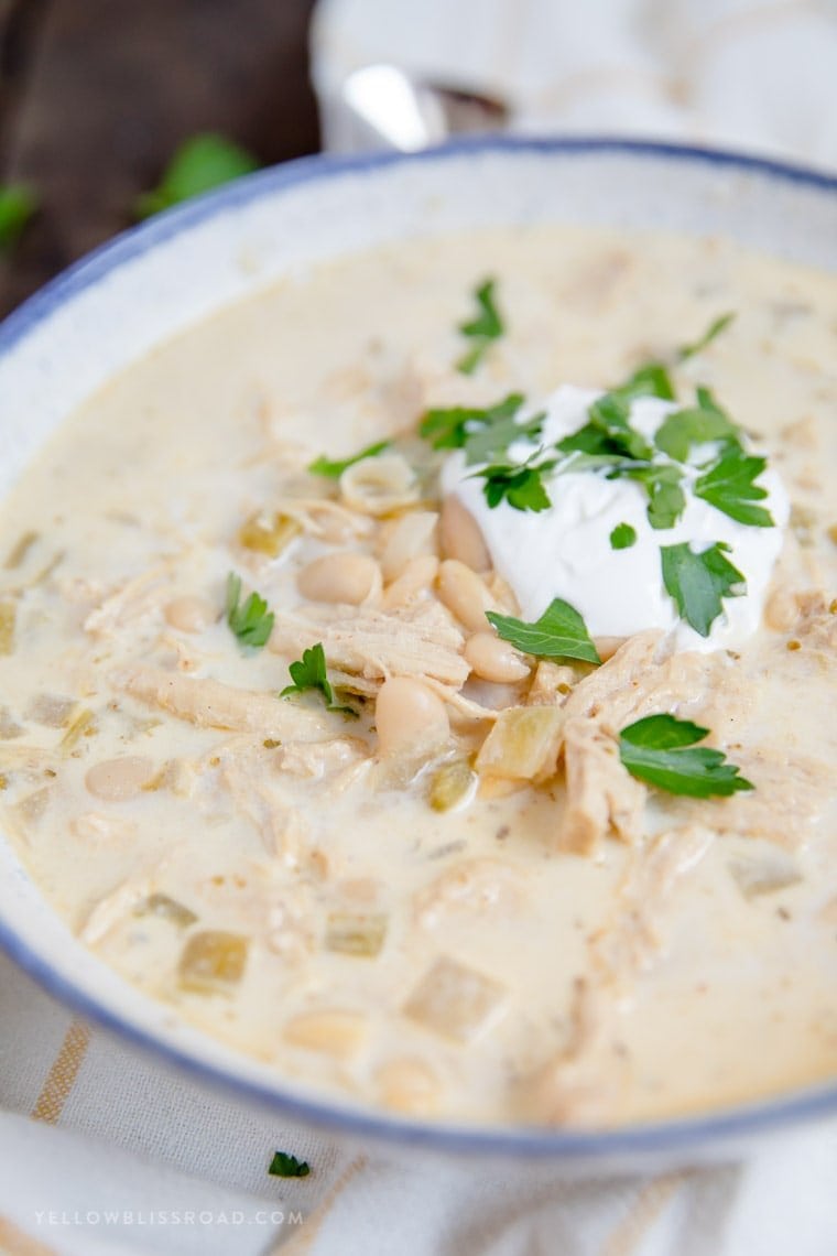 White Chicken Chili topped with sour cream