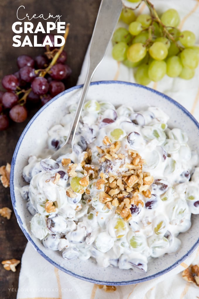 This Creamy Grape Salad with walnuts is is creamy and sweet and the perfect side dish or dessert for picnics, potlucks and parties. Creamy Grape Salad with walnuts title image