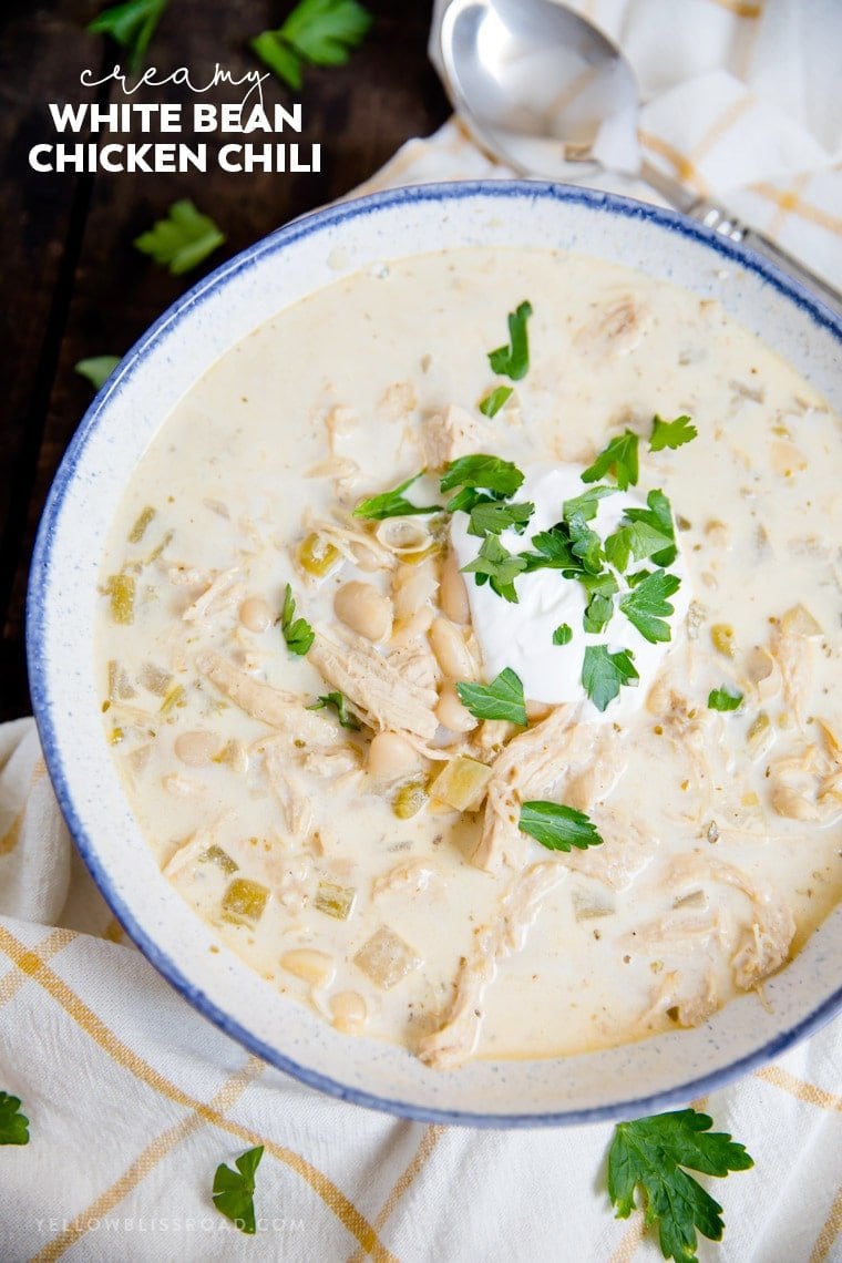 White Chicken Chili in a bowl with text
