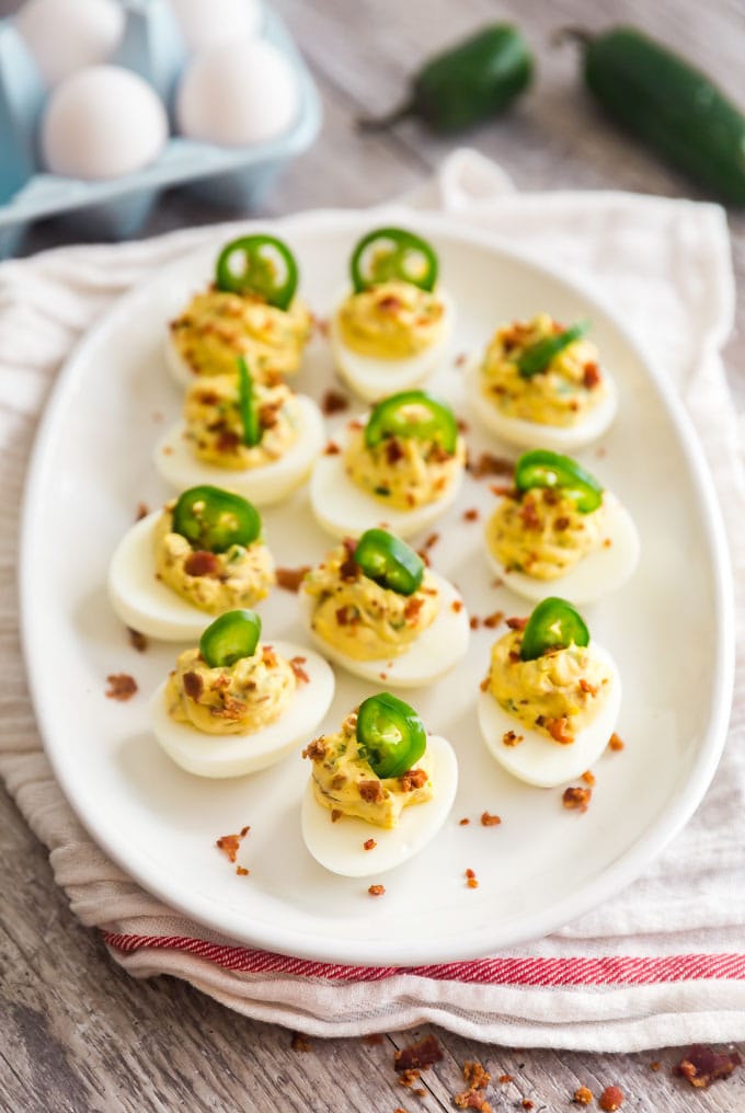 A plate of Jalapeno Popper Deviled Eggs.