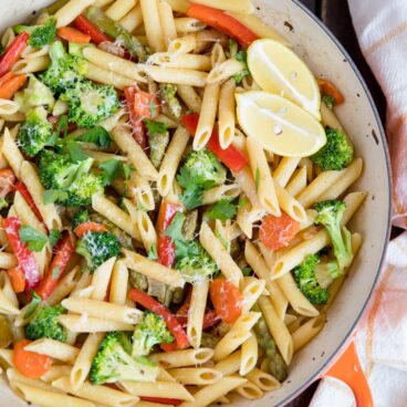 A pot of Penne Pasta Primavera
