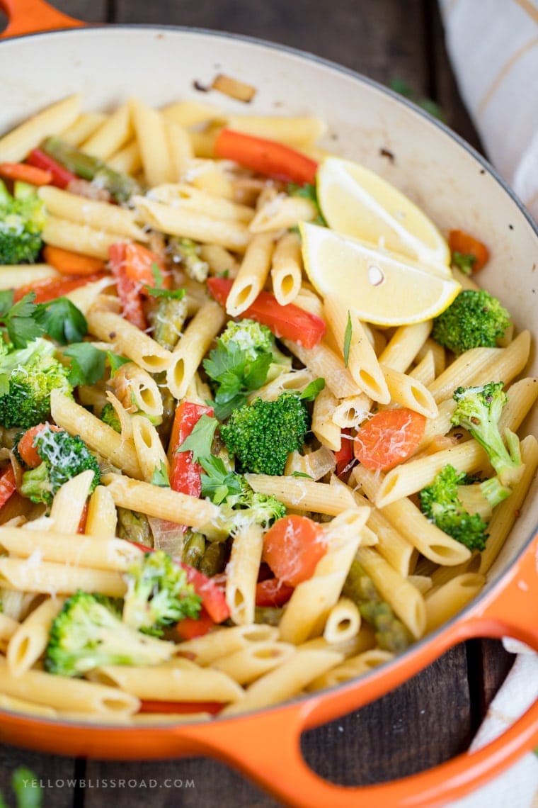 Penne Pasta Primavera with Fresh Vegetables, Lemon and Parmesan