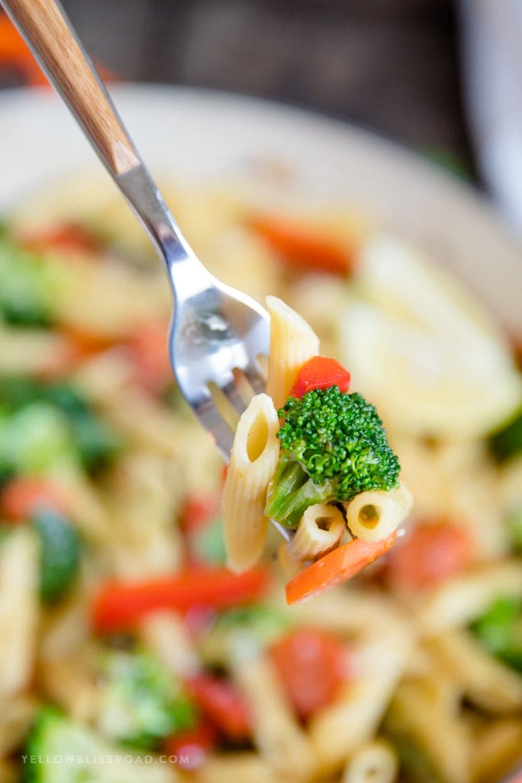 Penne Pasta Primavera on a fork