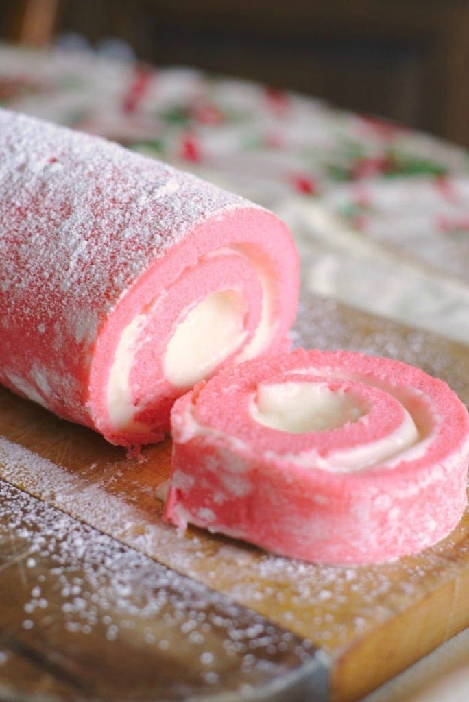 Pink velvet sponge cake roll