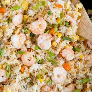 A pan with shrimp fried rice