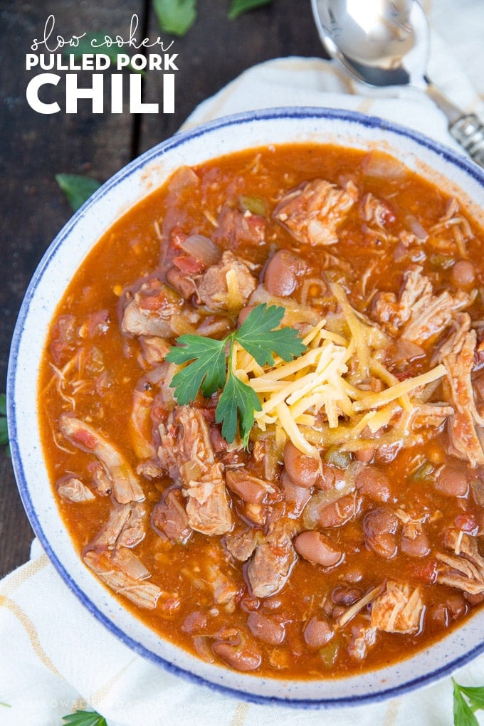 Slow Cooker Pulled Pork Chili with title text