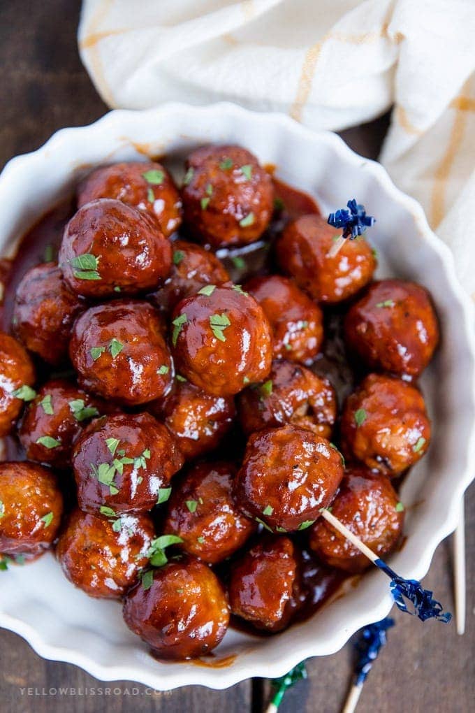Spicy Barbecue Grape Jelly Meatballs overhead photo