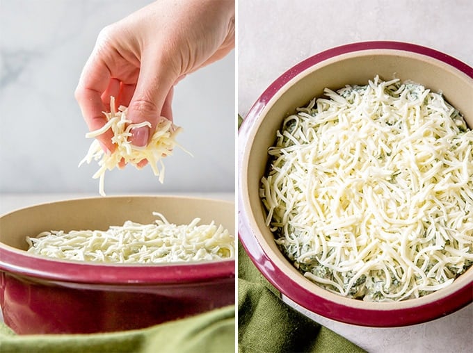 Process shots of adding cheese to top the spinach artichoke dip.