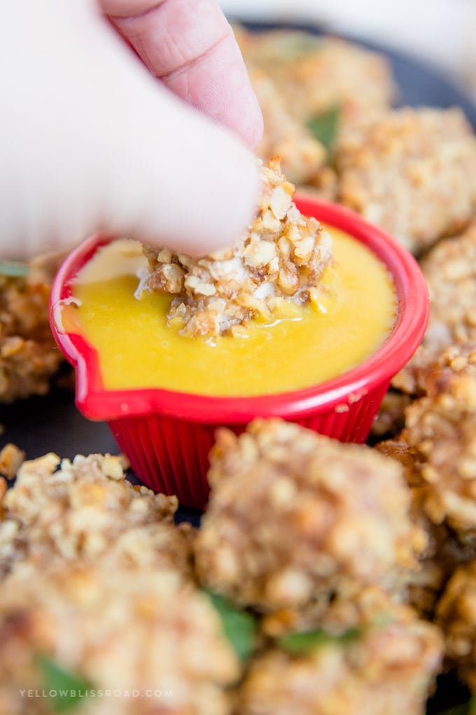 Walnut Crusted Baked Chicken Nuggets: tender, juicy chicken coated in crunchy walnuts and seasonings. Easy appetizer or dinner. #ad #californiawalnuts Walnut Crusted Baked Chicken Nugget being dipped into honey mustard sauce