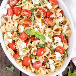 A bowl of caprese pasta salad