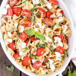 A bowl of caprese pasta salad