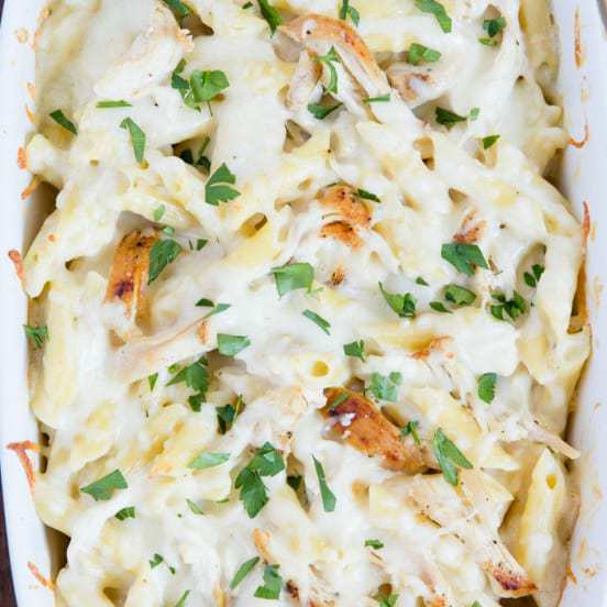 Chicken Alfredo Baked Ziti Recipe with Traditional or Lighter Alfredo Sauce