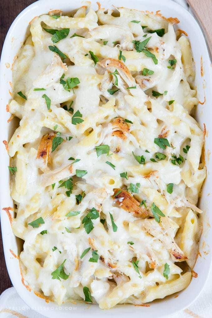 Chicken Alfredo Baked Ziti Recipe with Traditional or Lighter Alfredo Sauce