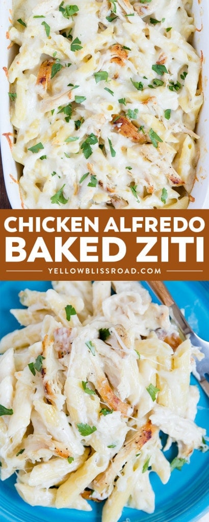 Chicken Alfredo Baked Ziti Recipe with Traditional or Lighter Alfredo Sauce