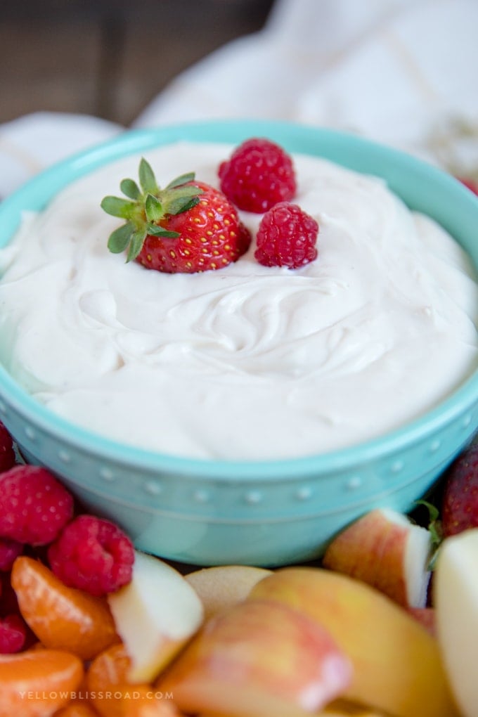 Close up of a bowl of Cream Cheese Fruit Dip 