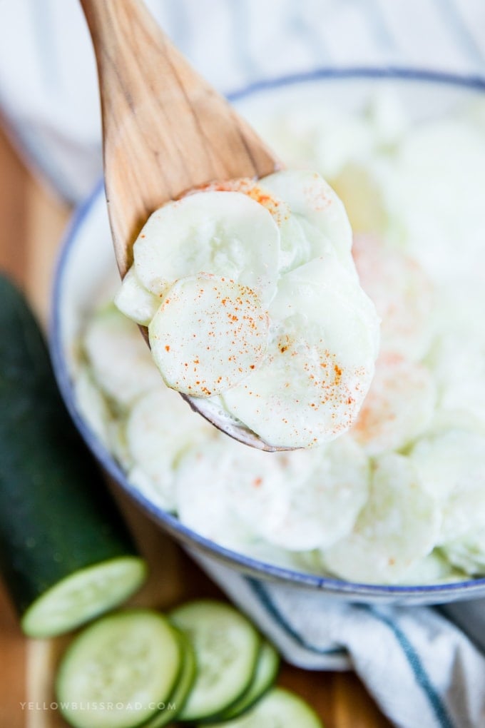 Creamy Cucumber Salad (Gurkensalat) - full of crisp cucumbers, tangy vinegar and spicy garlic, all coated in smooth sour cream sauce. A refreshing side dish for spring and summer.