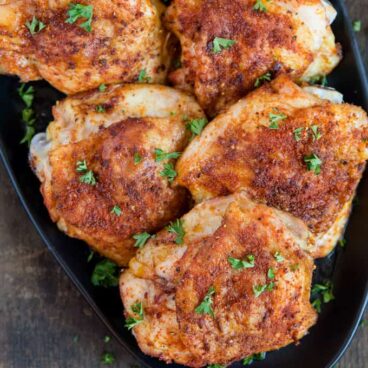 Social media image of crispy baked chicken thighs