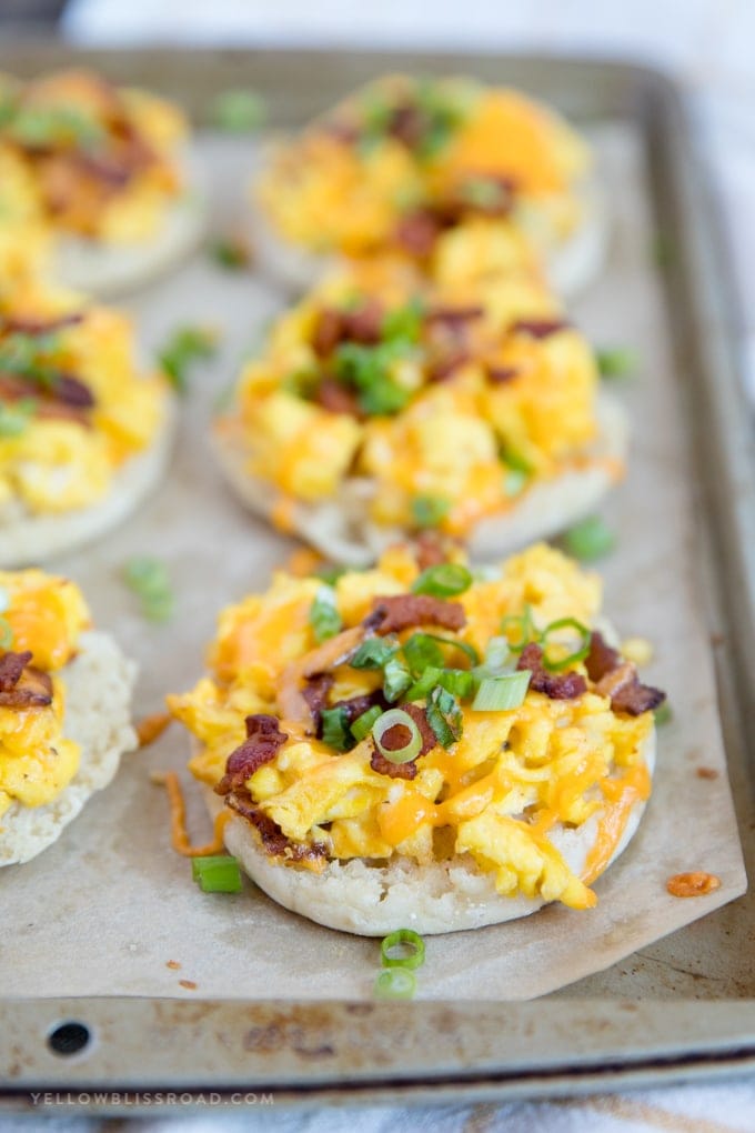 A close up of English Muffin Egg Pizzas