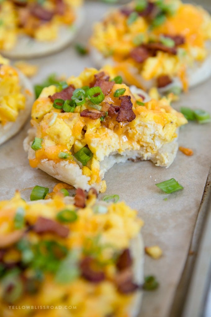 A close up of English muffin breakfast pizzas