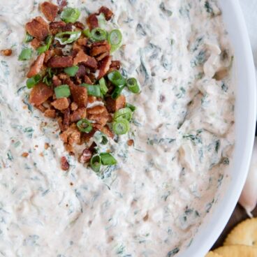Close up of Bacon Garlic Spinach Dip