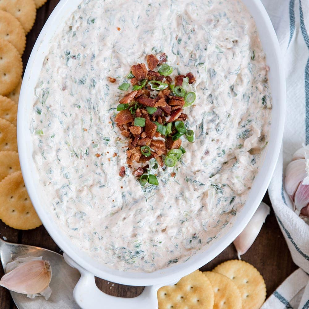 Bacon Garlic Spinach Dip Made from Scratch No Soup Mix Here!
