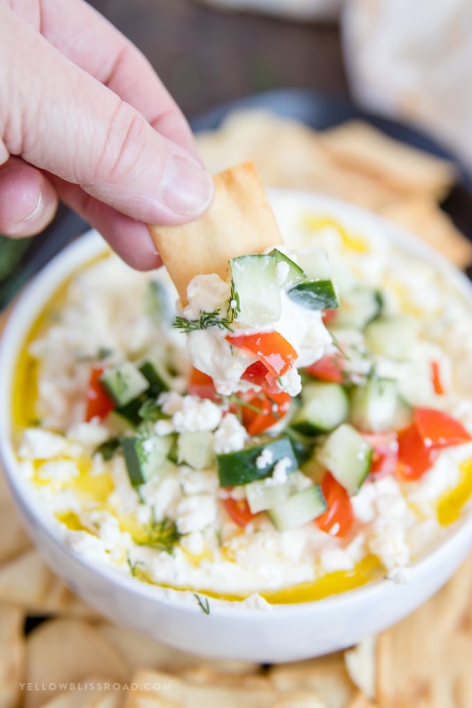 Greek Whipped Feta Cheese Dip on a pita chip