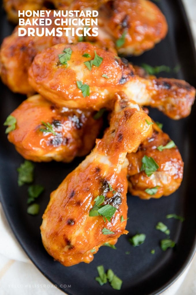 Baked Honey Mustard Chicken Drumsticks with title text