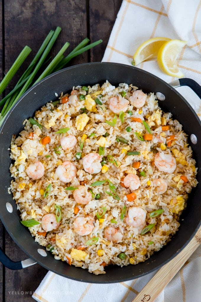 Overhead shot of shrimp fried rice in a large skillet