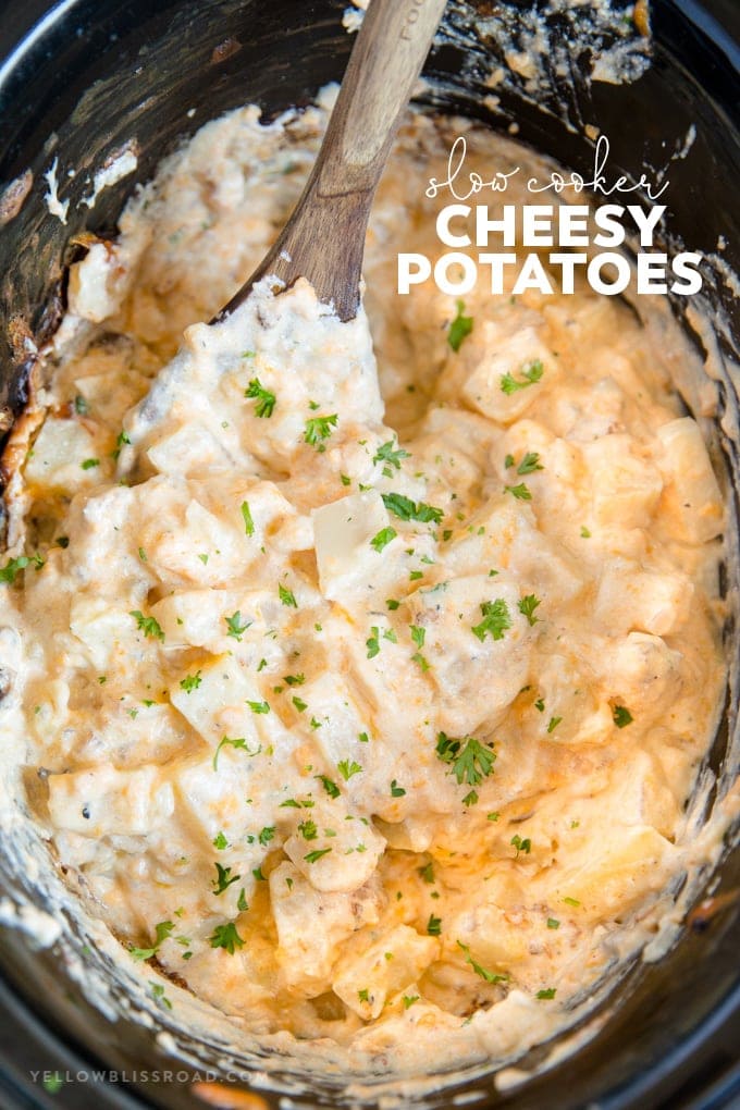 Crockpot Cheesy Potatoes - a delicious side dish with soft and tender chunks of fresh potatoes in a creamy, cheesy sauce all made easily in the slow cooker.