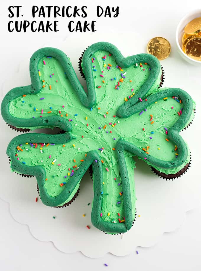 Cupcake Cake for St. Patrick's Day Dessert with title text.