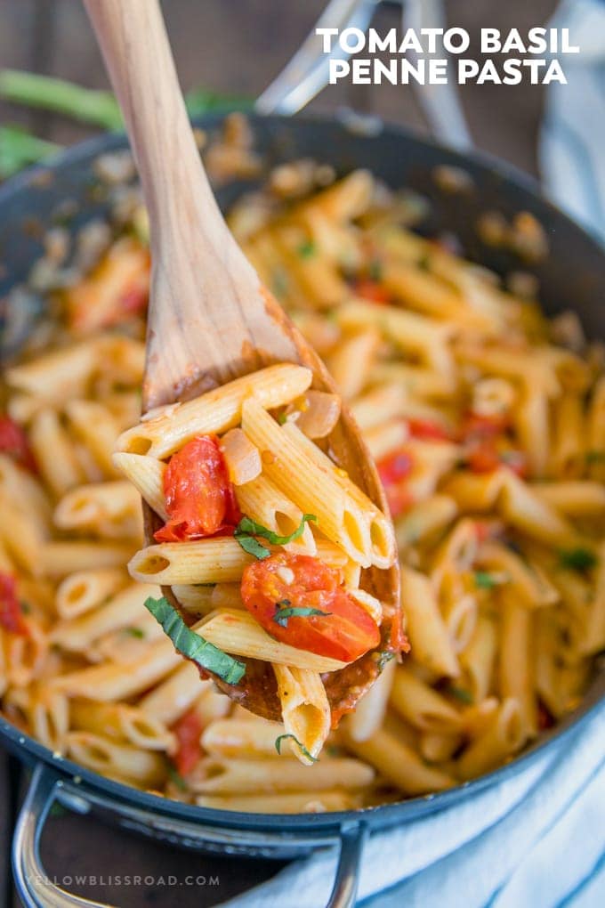 Tomato Basil Pasta recipe with title text