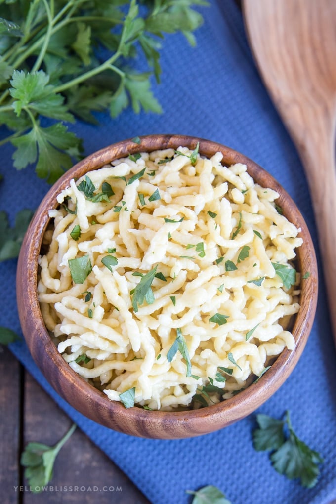 Authentic German Spaetzle in a wooden bowl