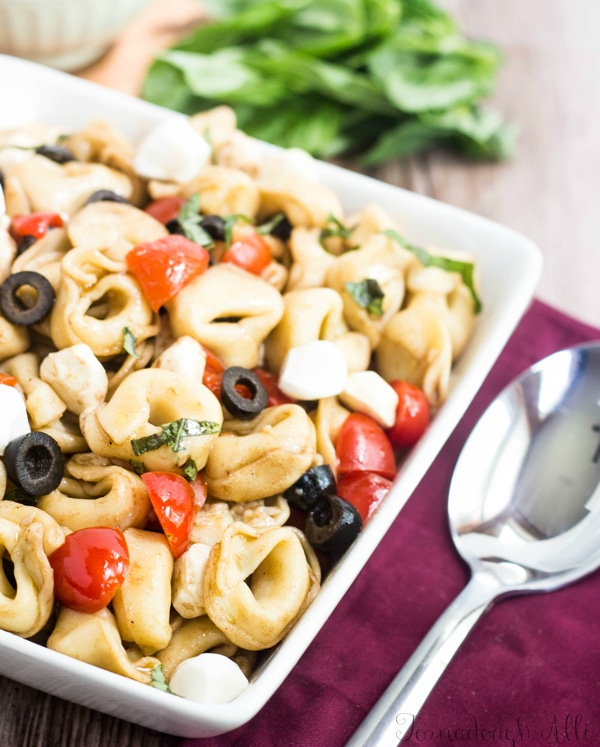 A bowl of pasta salad