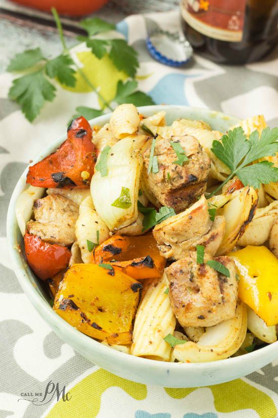 A bowl of chicken fajita pasta salad