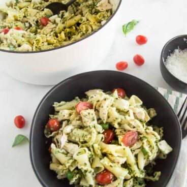 A bowl of Chicken Pesto Pasta Salad