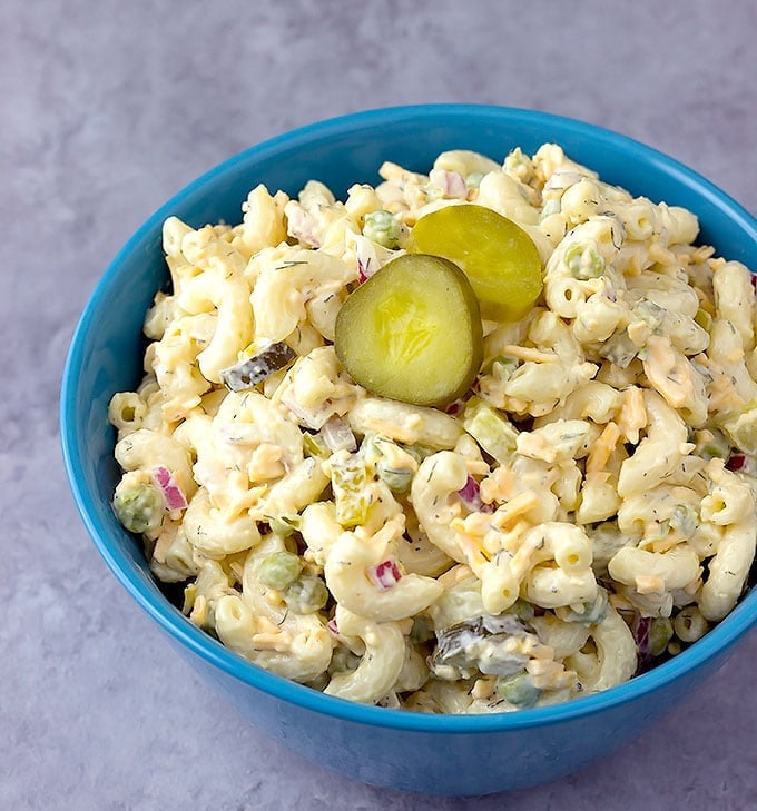 A bowl of pasta salad