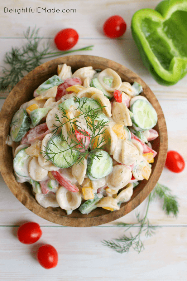 A bowl of pasta salad