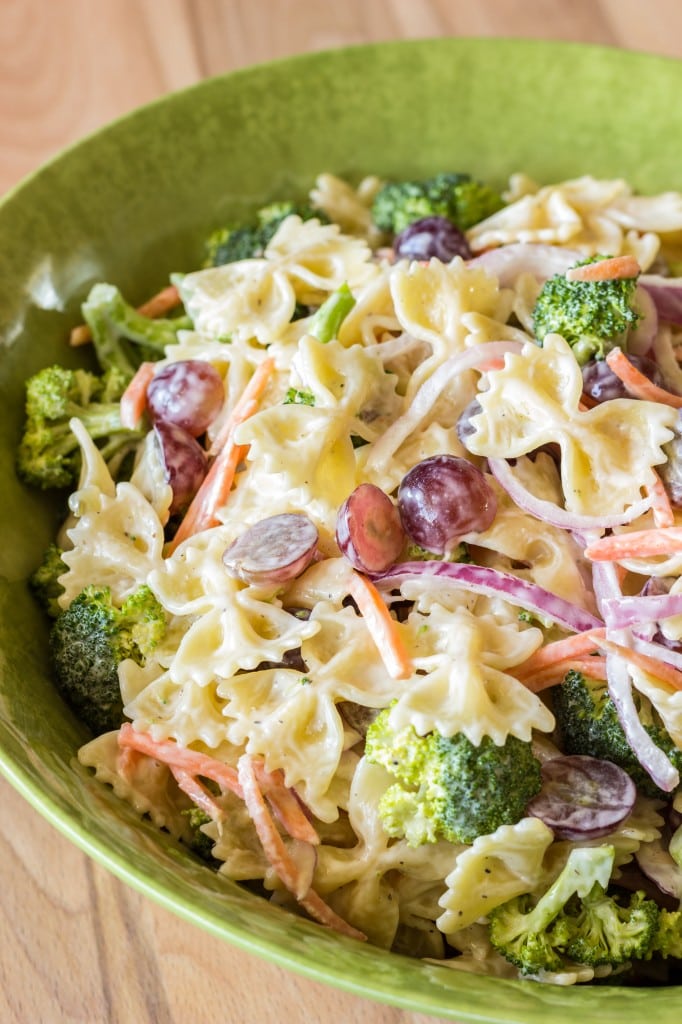 A bowl of pasta salad