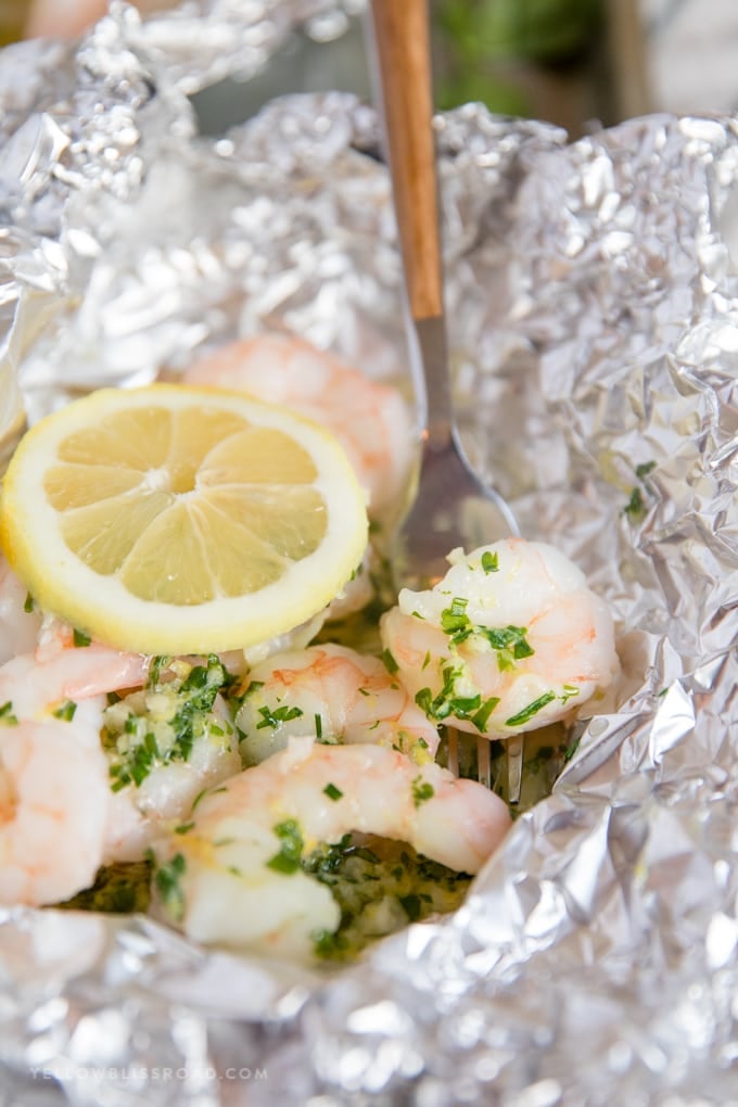 shrimp foil packets with a lemon slice