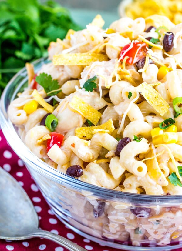 A bowl of Southwest Chicken Pasta Salad