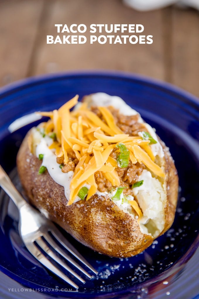 taco stuffed baked potato with title text