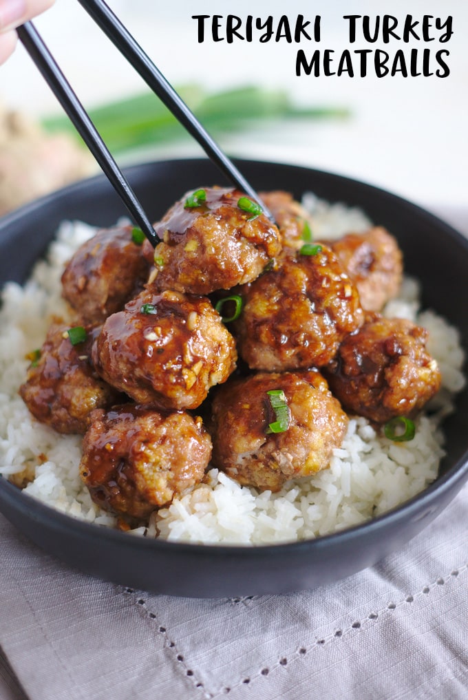 A bowl of Teriyaki Turkey Meatballs and rice