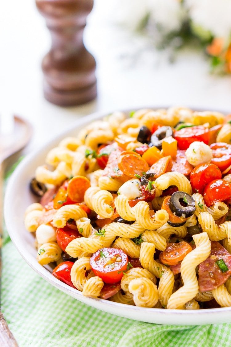 A bowl of pasta salad