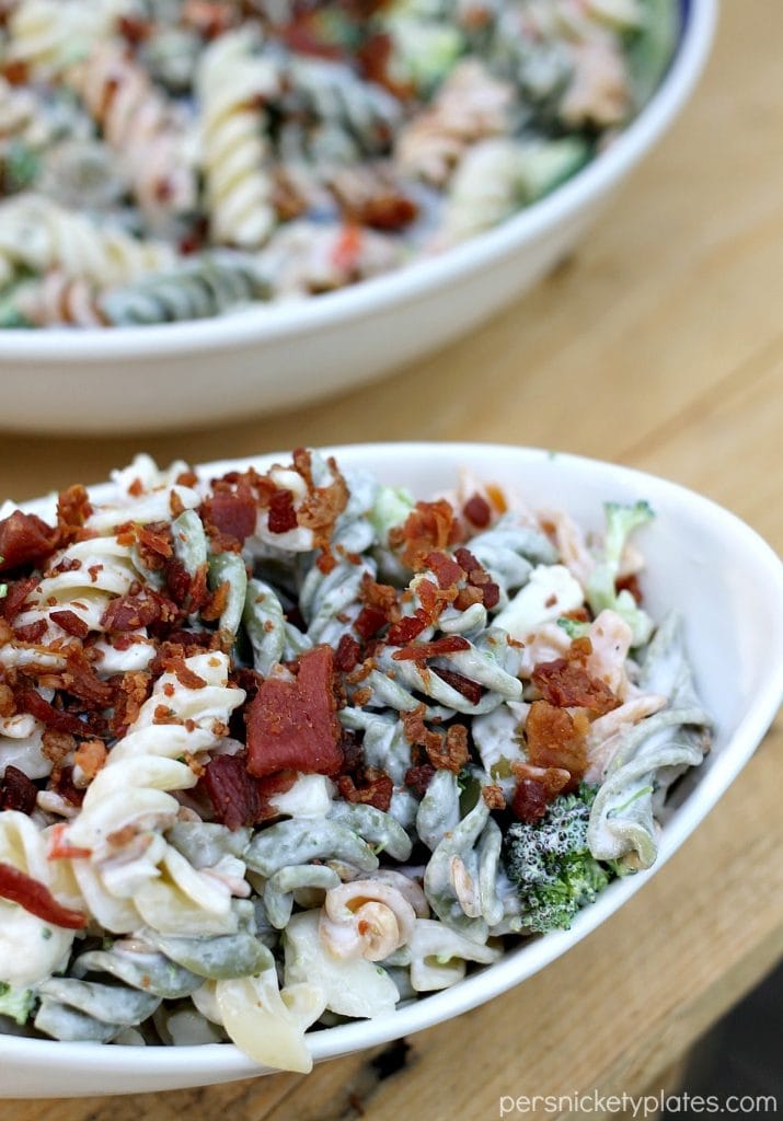 A bowl of bacon ranch pasta salad