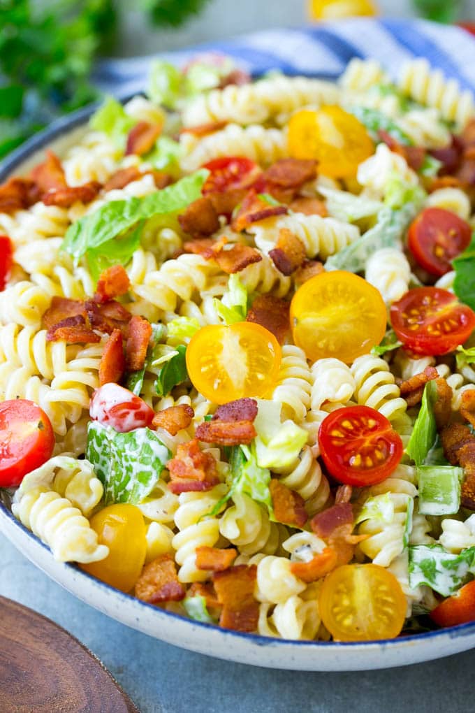 A bowl of BLT pasta salad