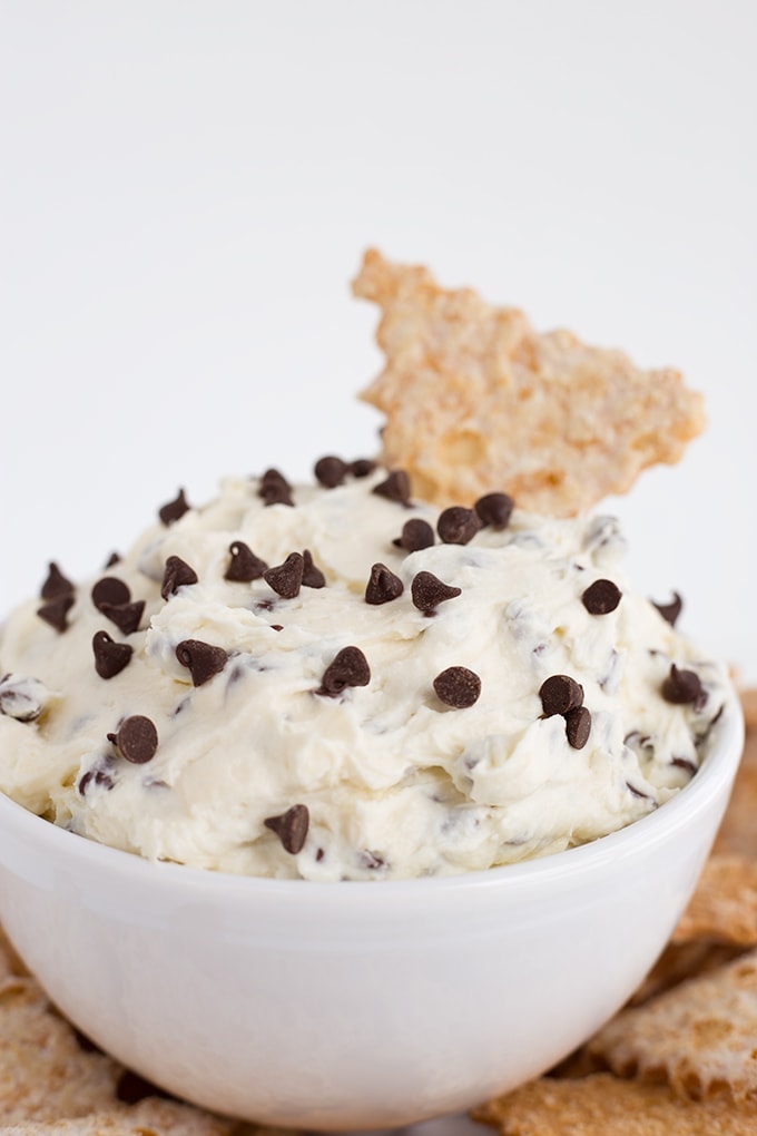 Bowl full of cannoli dip topped with chocolate chips