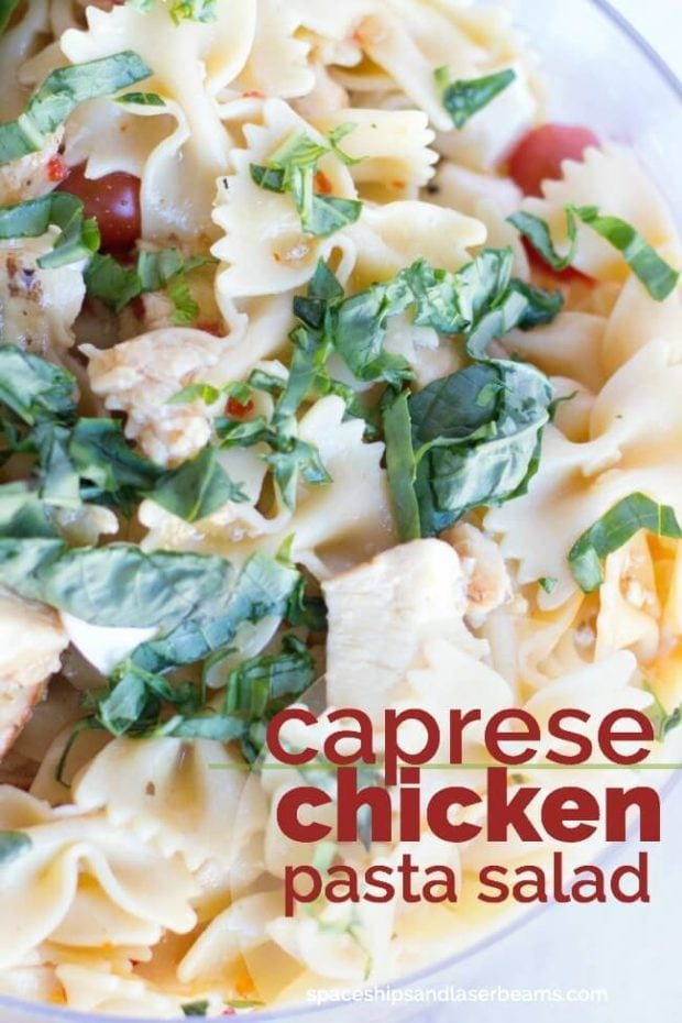 Social media image of caprese chicken pasta salad