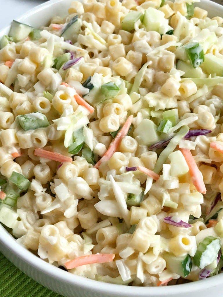 A close up of Coleslaw Pasta Salad